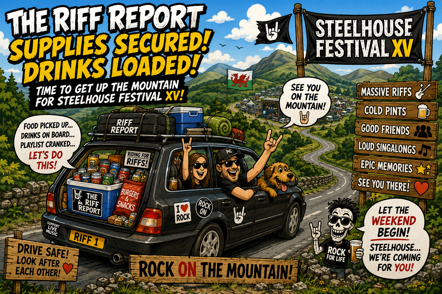 Cartoon car packed with gear and snacks heads to Steelhouse Festival XV on a mountain road, with banners and cheering fans in the hills.