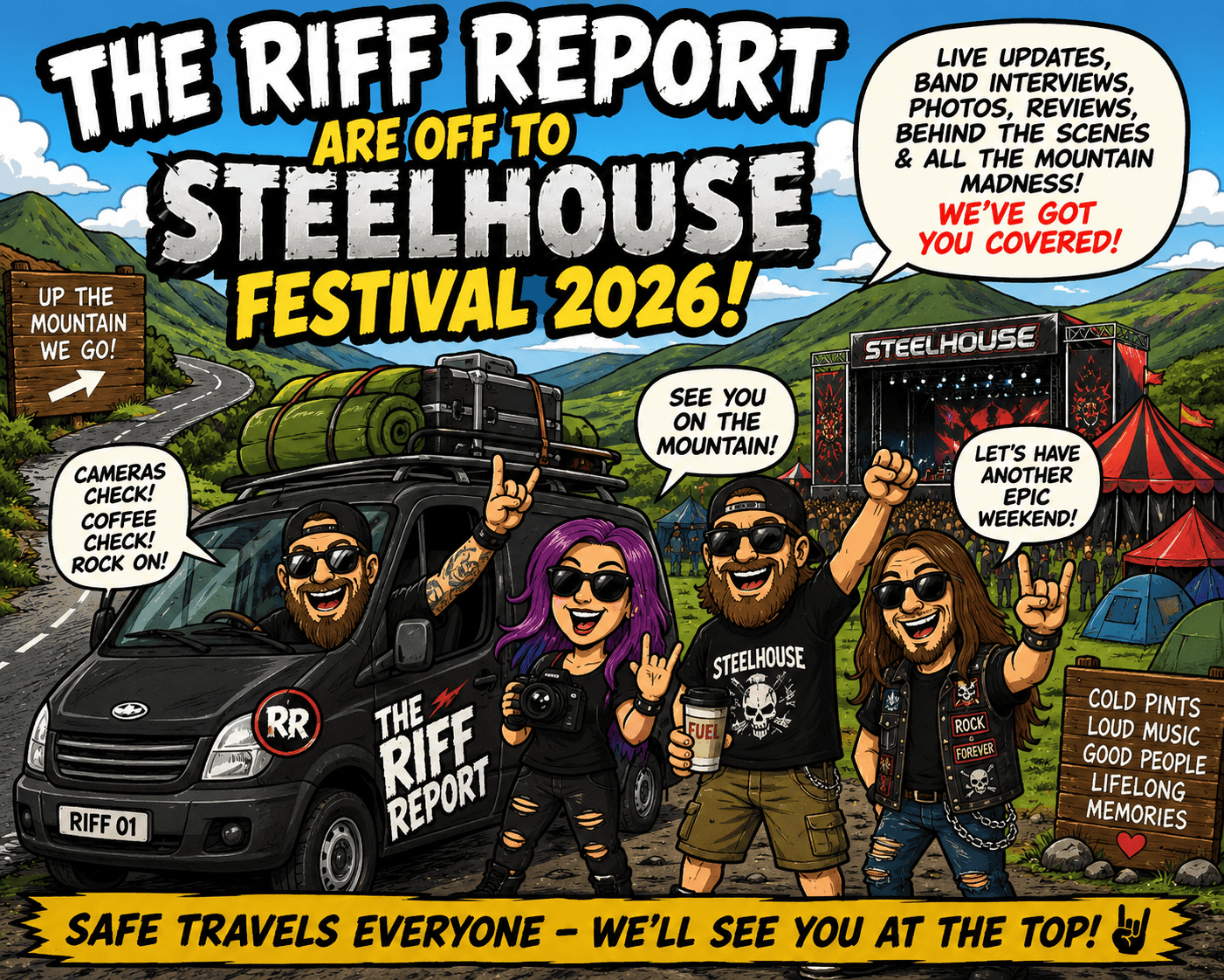 Cartoon poster for The Riff Report Festival 2026 showing a gear-filled van, four rock fans, and a festival stage in the mountains behind them.