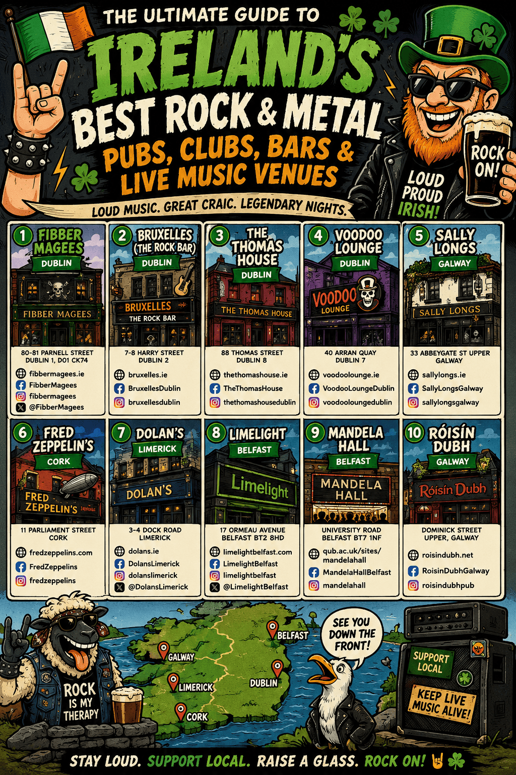 Guide to Ireland's top pubs, clubs, bars, and live music venues for rock and metal fans.