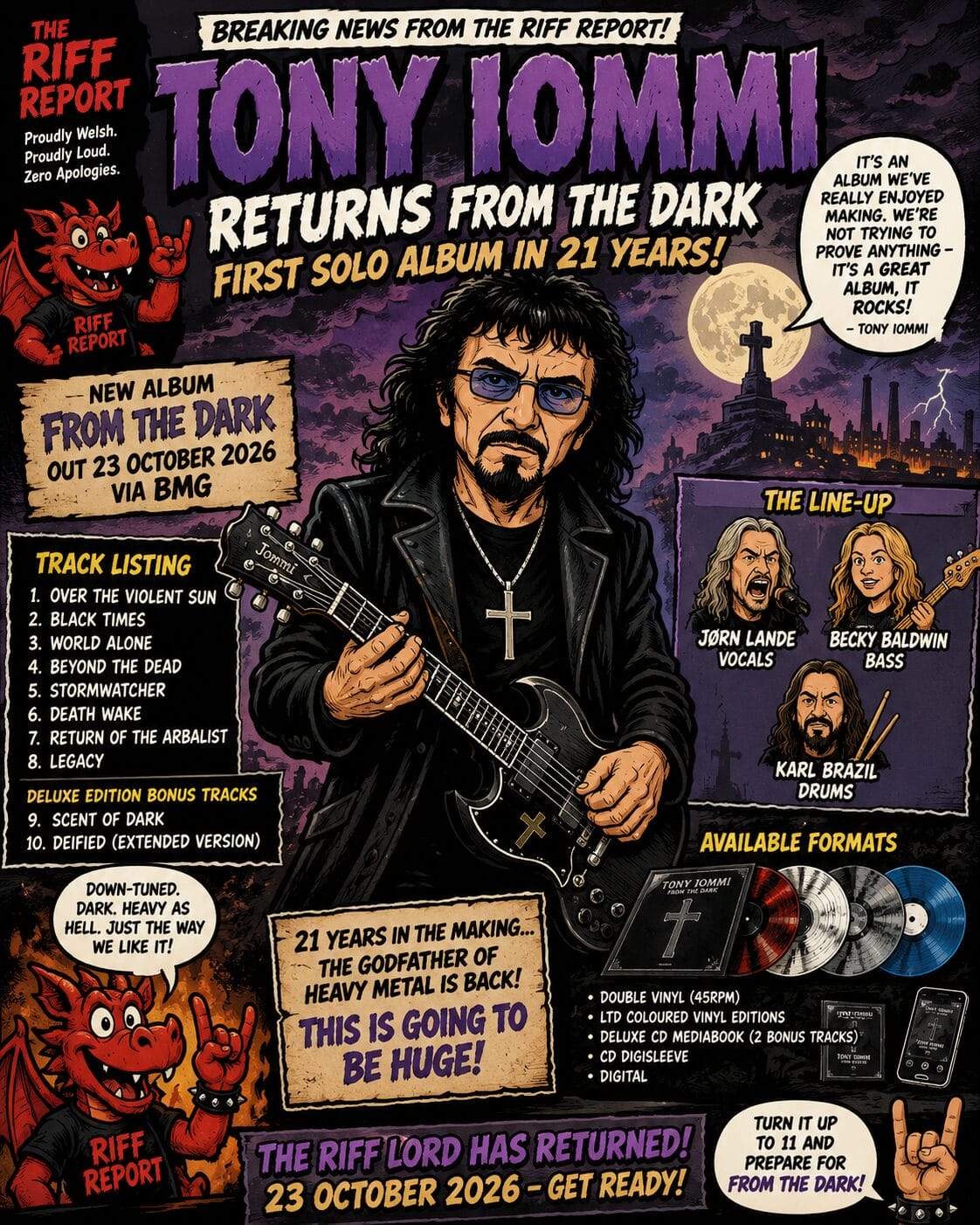 Comic-style concert poster featuring a long-haired guitarist in sunglasses playing an electric guitar against a dark purple sky with a full moon and graveyard scene, promoting a return album.