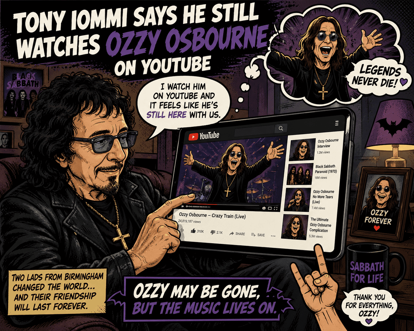 Comic-style illustration of Ozzy Osbourne on a YouTube page, with a fan watching and bubbles about legends never die, plus a framed 'Ozzy Forever' photo nearby.