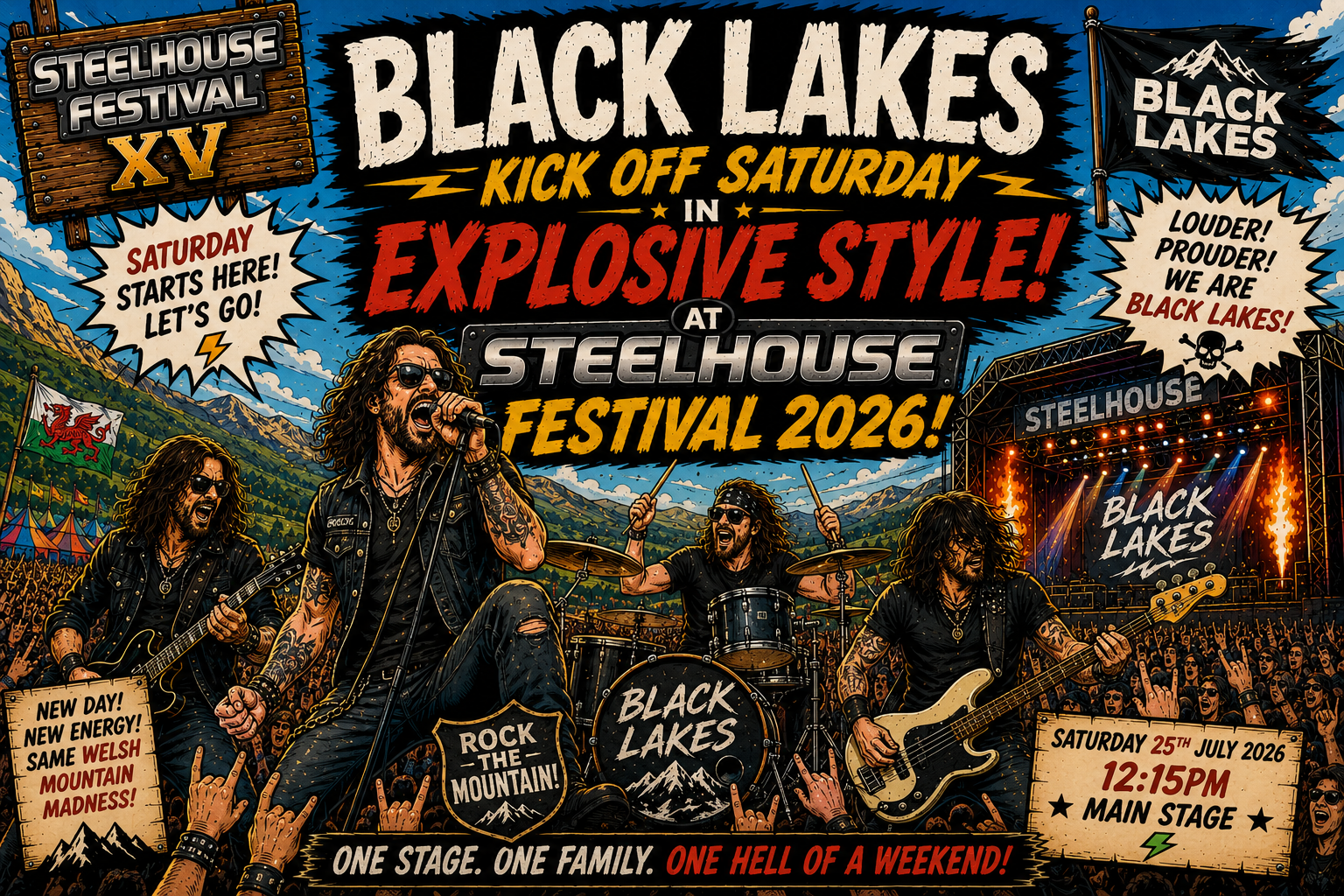 Poster-style illustration promoting Black Lakes at Steelhouse Festival 2026 with a rock band performing on stage and a cheering crowd.