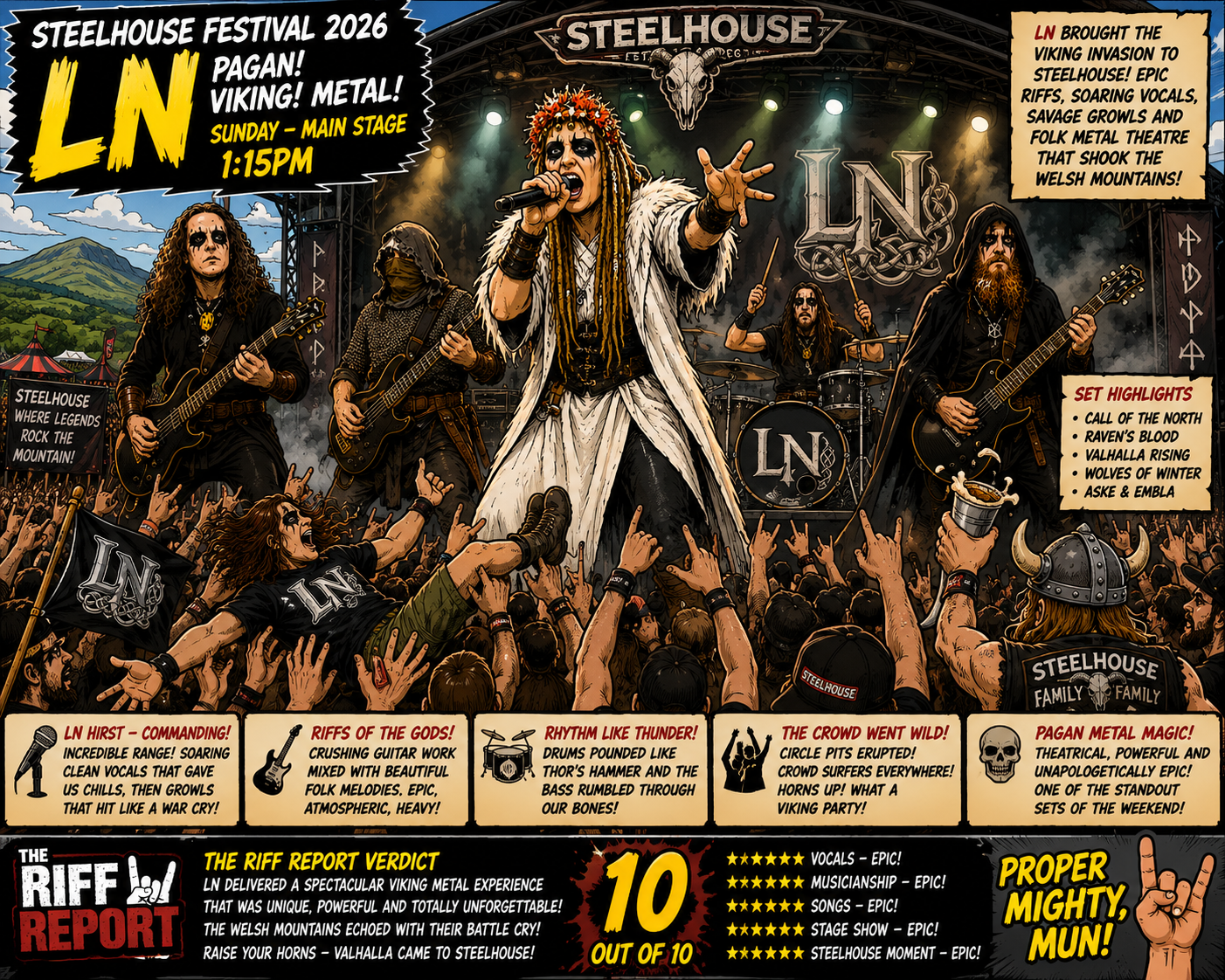 Band performing on a dark stage at Steelhouse Festival 2026 with a large LN backdrop and cheering crowd.