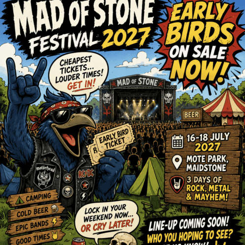 Colorful festival poster for Mad of Stone Festival 2017 with a blue crow mascot, bold sale text, stage lights, and campground tents.