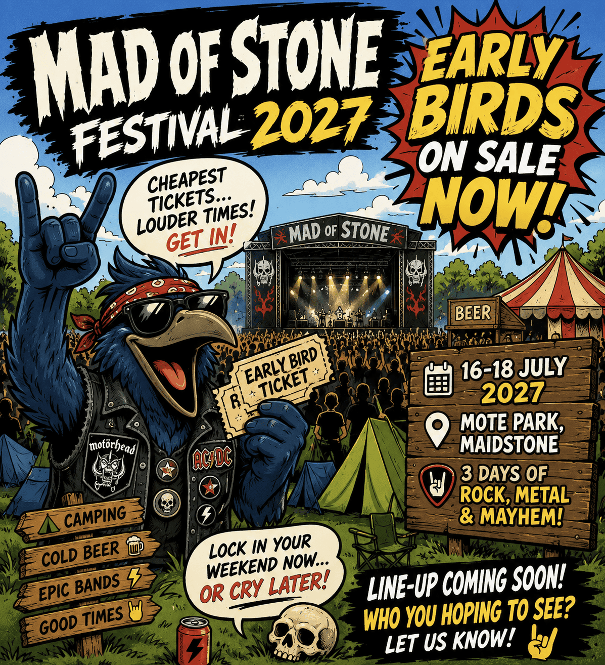 Colorful festival poster for Mad of Stone Festival 2017 with a blue crow mascot, bold sale text, stage lights, and campground tents.