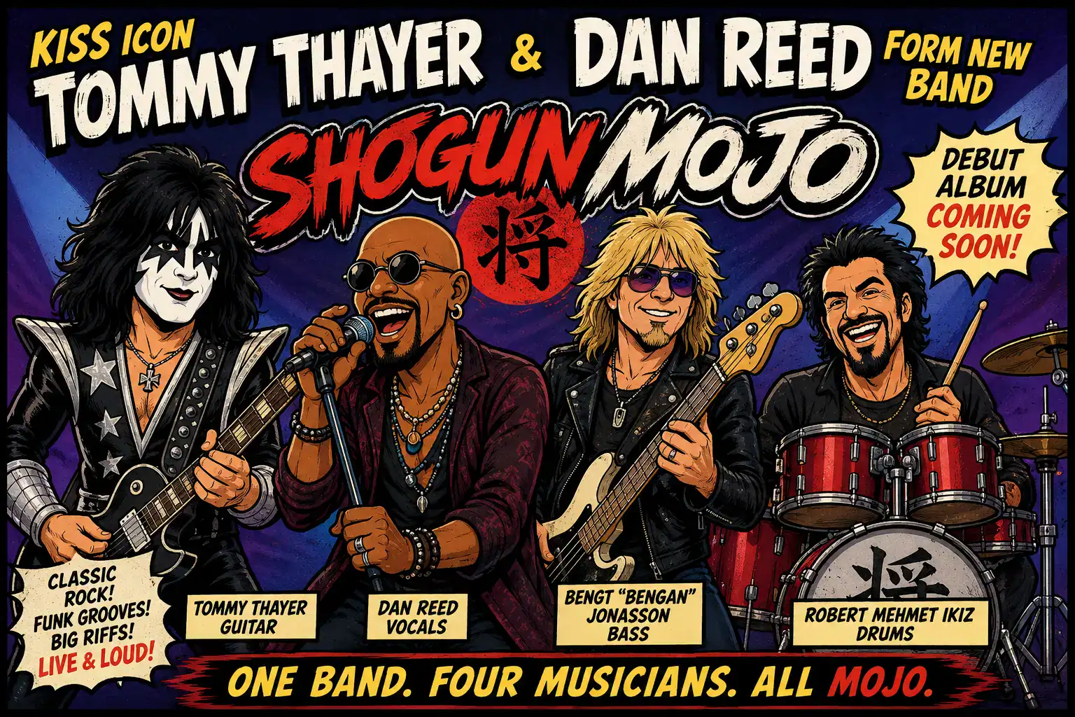 Promotional poster of Shogun Mojo featuring Tommy Thayer, Dan Reed, Bengt Jansson, and Robert Mehmet.