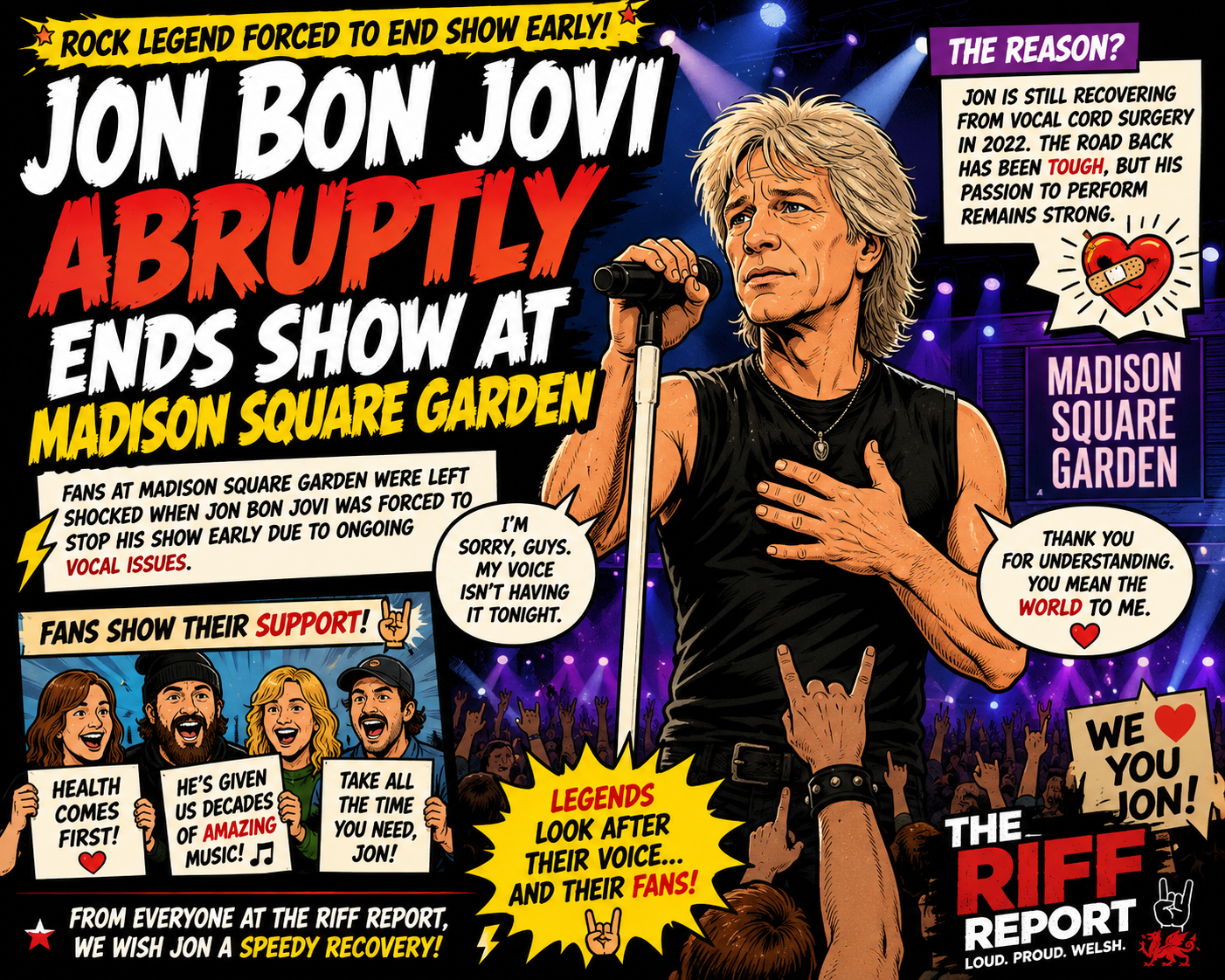 Comic-style concert poster announcing Jon Bon Jovi's abrupt Madison Square Garden show, with stage lights and crowd.