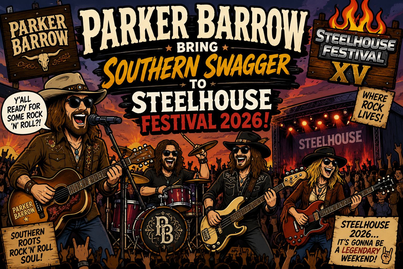 Poster for Parker Barrow's Southern Swagger to Steelhouse Festival 2026 with band on stage, crowd, and flames-filled backdrop.