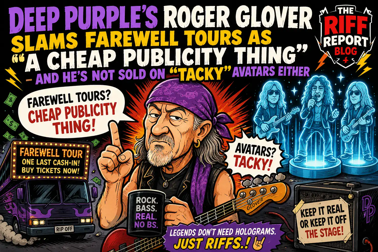 Cartoon poster announcing Deep Purple's Roger Glover farewell tours with bold typography and stage imagery.