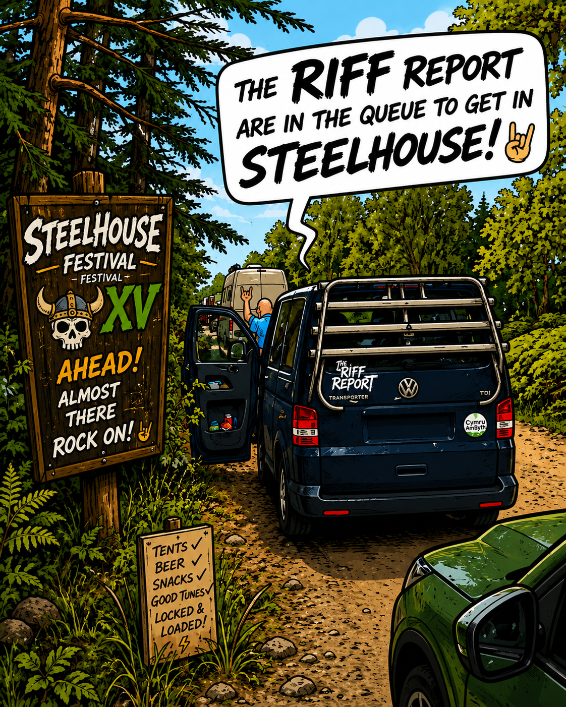 Cartoon scene showing a dark blue van with 'The Riff Report' on its side, parked on a forest road beside a large Steelhouse Festival sign.