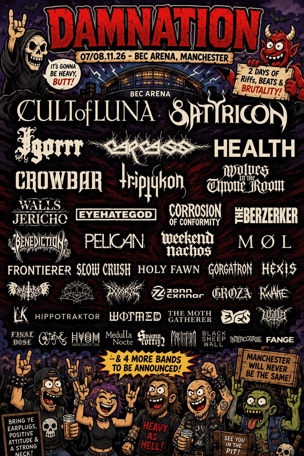 Promotional poster for Damnation festival at BEC Arena, Manchester, featuring dozens of metal band logos and cartoon characters at the bottom.