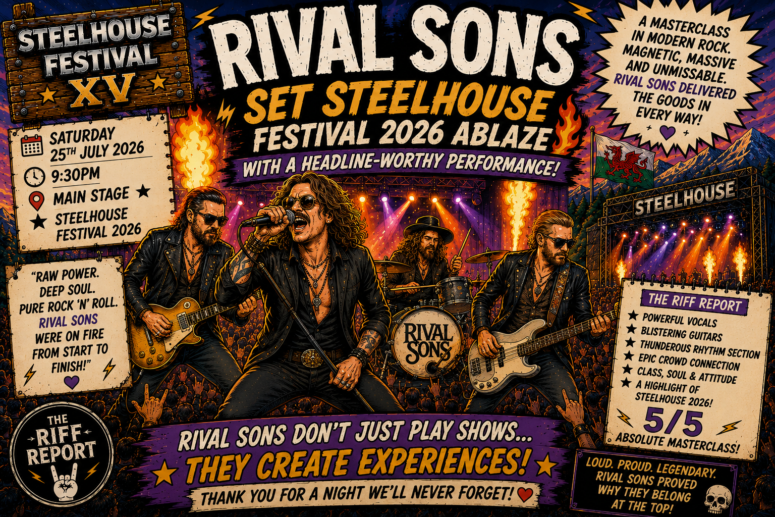 Promotional poster for Rival Sons performing at Steelhouse Festival 2026, with a rock band on stage and bold event details like date and venue across a dynamic, comic-book style layout.