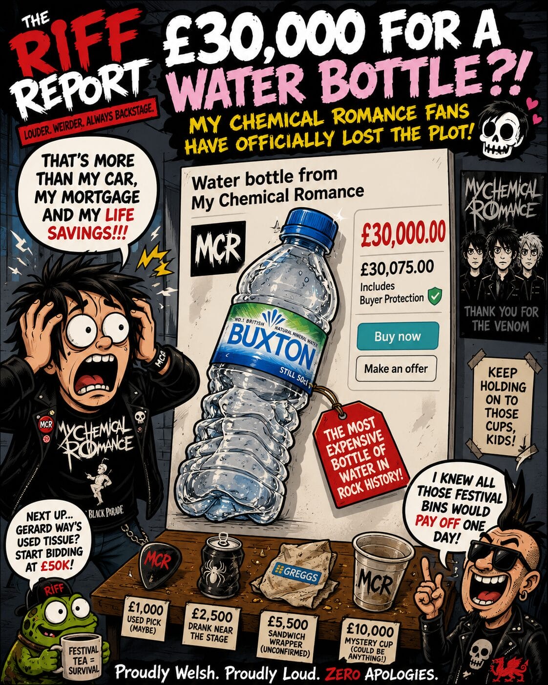 Comic-style poster yelling 'ยฃ30,000 for a water bottle?!' with a shocked man and a giant water bottle labeled Buxton