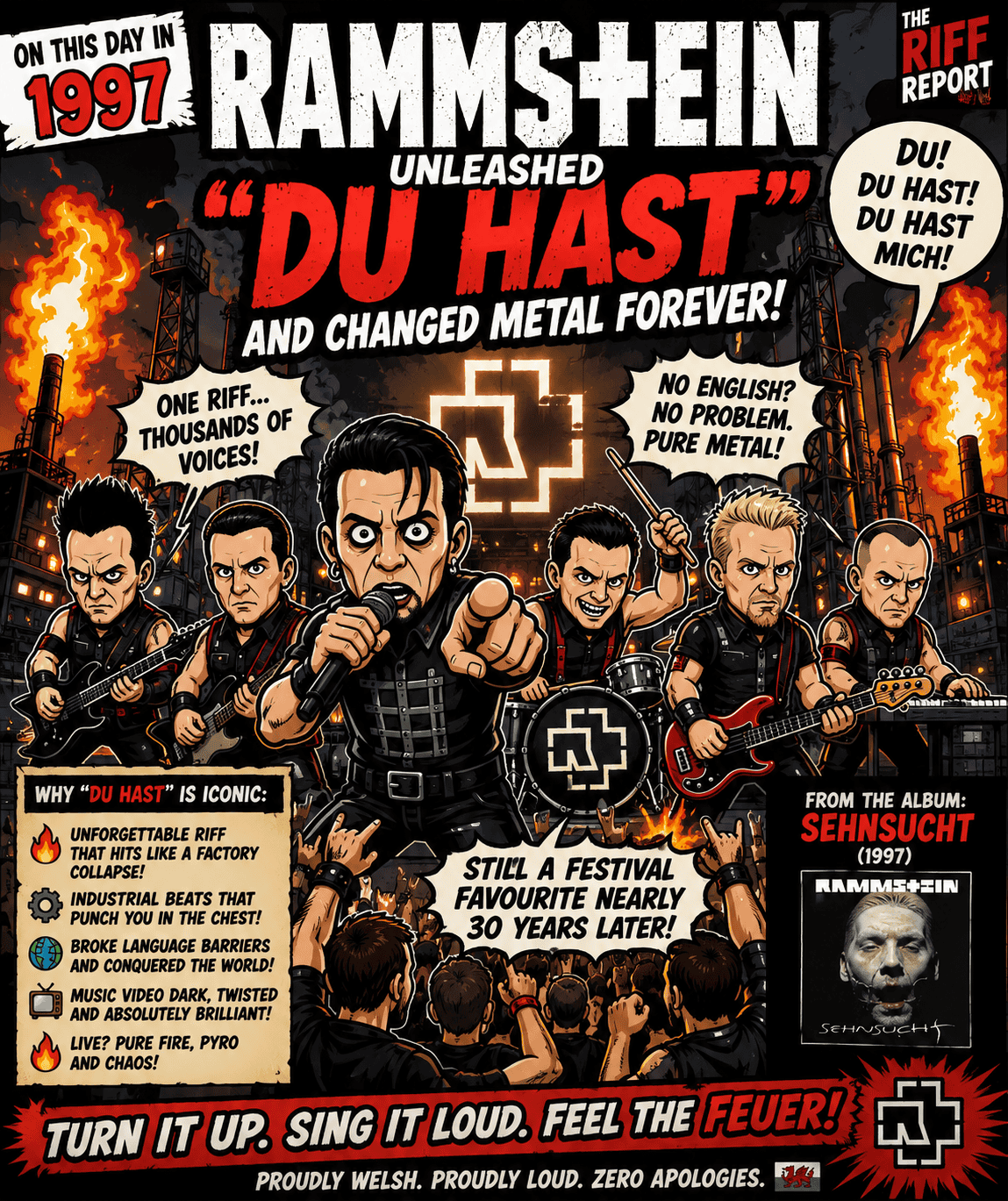 Caricature-style poster of Rammstein performing on a fiery industrial stage, large 'DU HAST' lettering, crowd in front, and gasworks in the background (1997 theme).