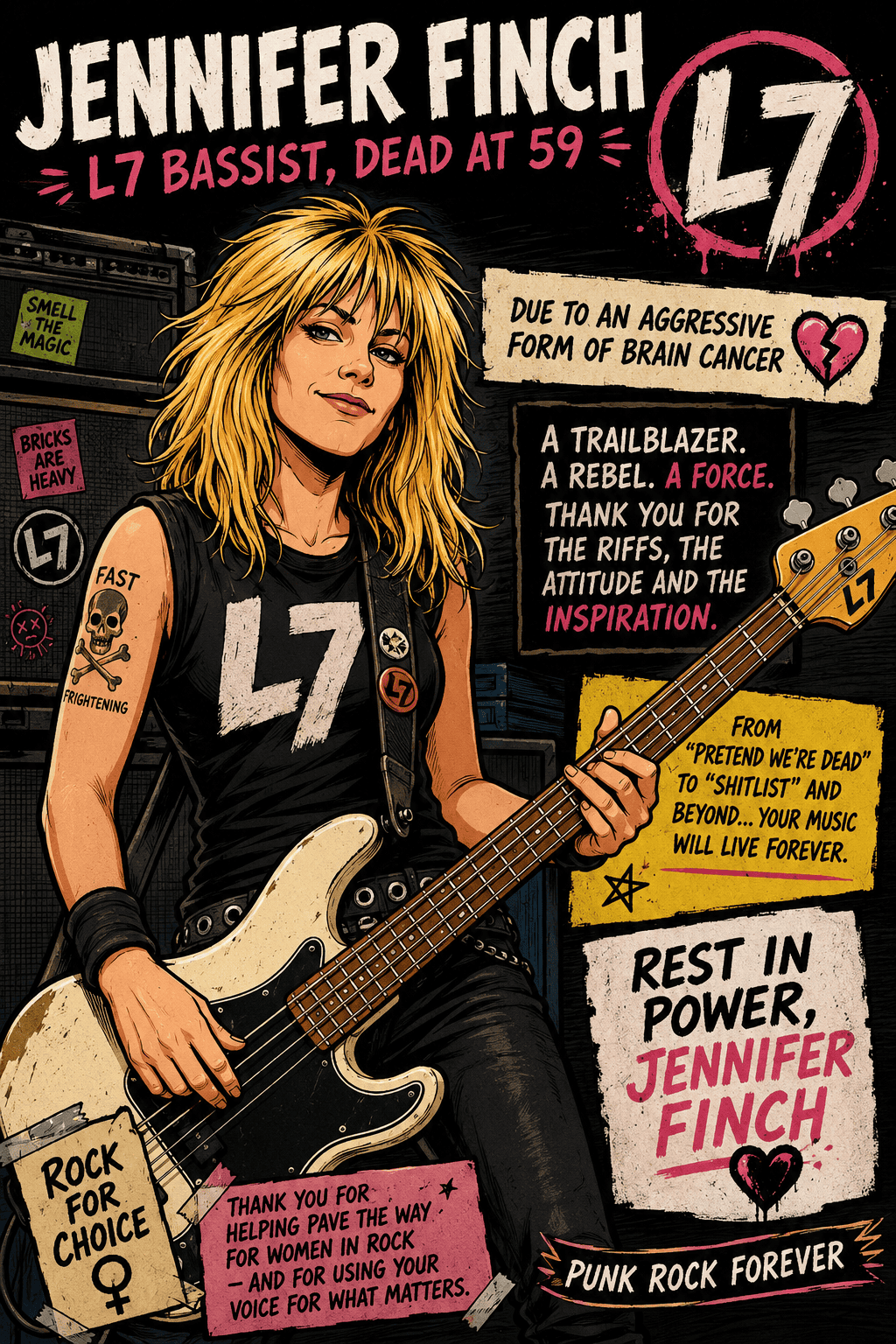 Illustration of Jennifer Finch, L7 bassist, with guitar and rock-themed background.