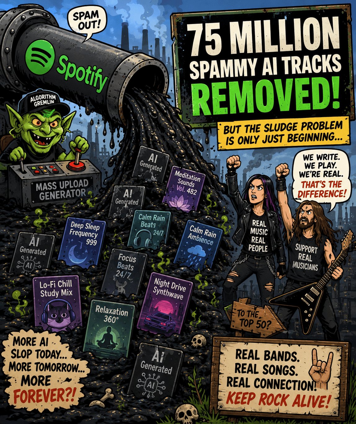 Illustration of AI-generated music tracks being removed by Spotify.