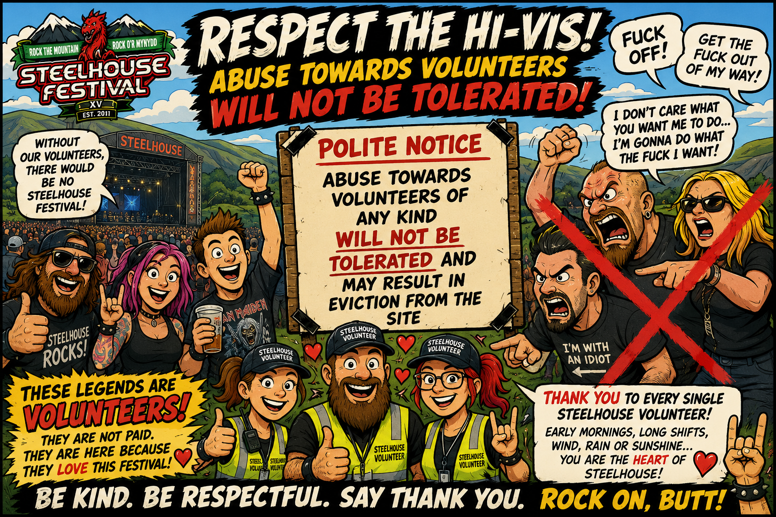 Comic-style festival scene showing volunteers in hi-vis at Steelhouse Festival, with a large sign stating 'Abuse towards volunteers will not be tolerated' and banners like 'Polite Notice' and 'Respect the hi-vis!'