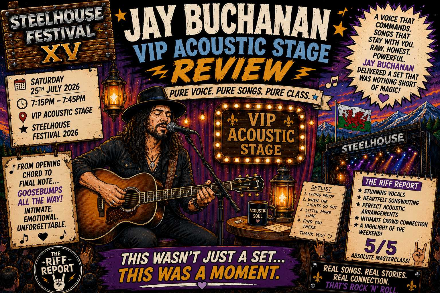 Poster for Steelhouse Festival XV featuring Jay Buchanan on the VIP Acoustic Stage, with schedule cards and setlists around a musician playing guitar under warm lights.
