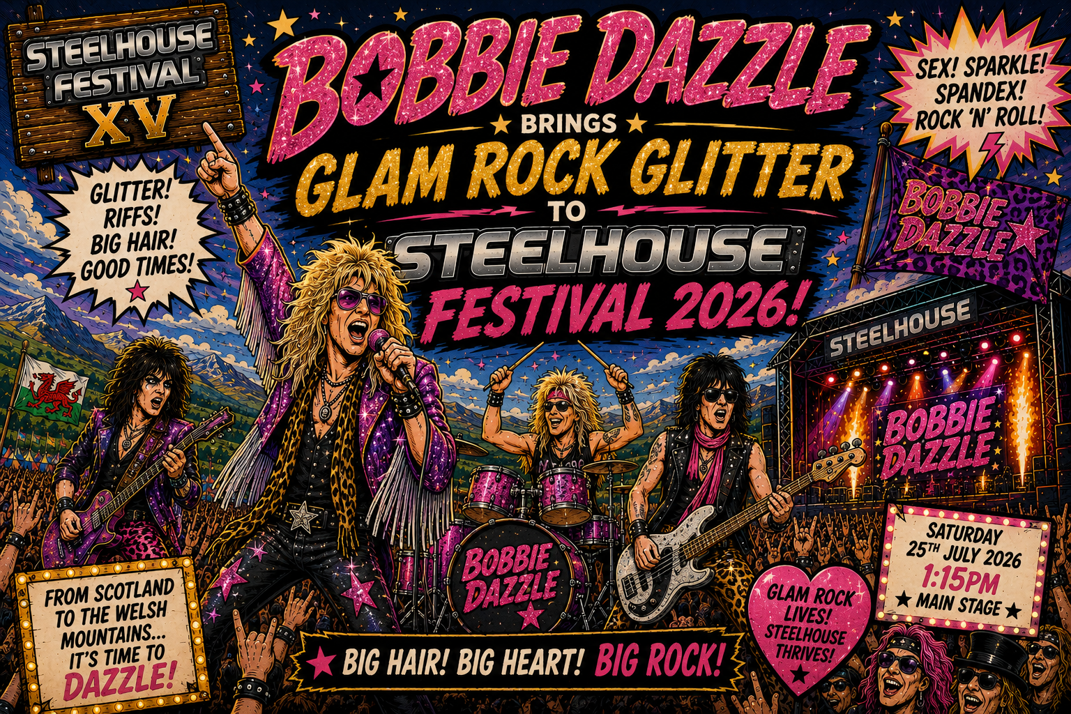 Poster for Bobbie Dazzle Glam Rock Glitter to Steelhouse Festival 2026 with bold pink text and a concert crowd scene.