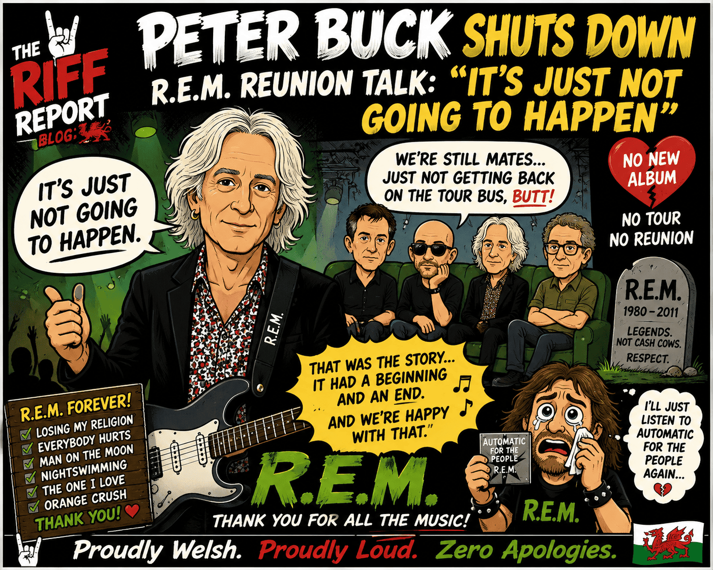 Colorful cartoon poster celebrating R.E.M. with Peter Buck in front holding a guitar and bandmates on a couch in the background.
