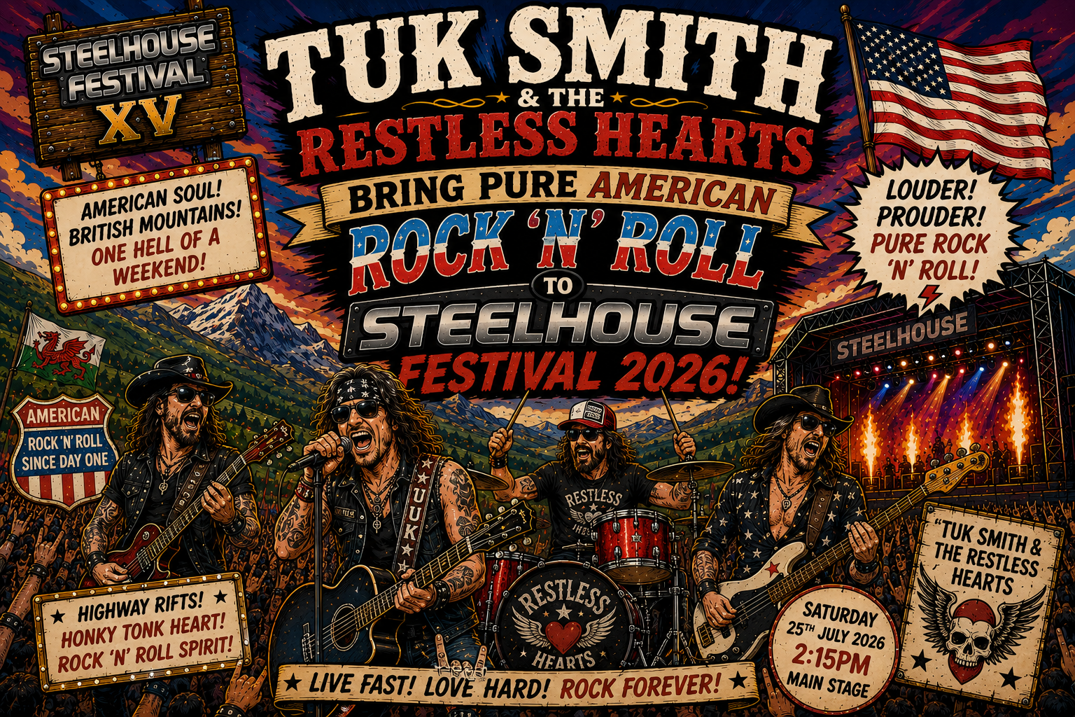 Colorful poster for Tuk Smith & The Restless Hearts at Steelhouse Festival 2026 with a live rock band on stage.