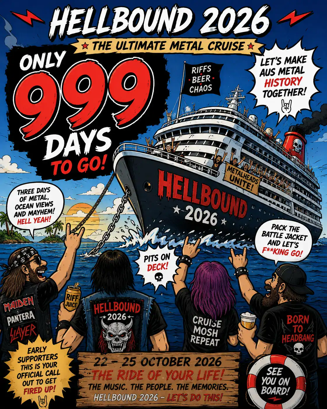 Hellbound 2026 metal cruise poster with band members and event details.