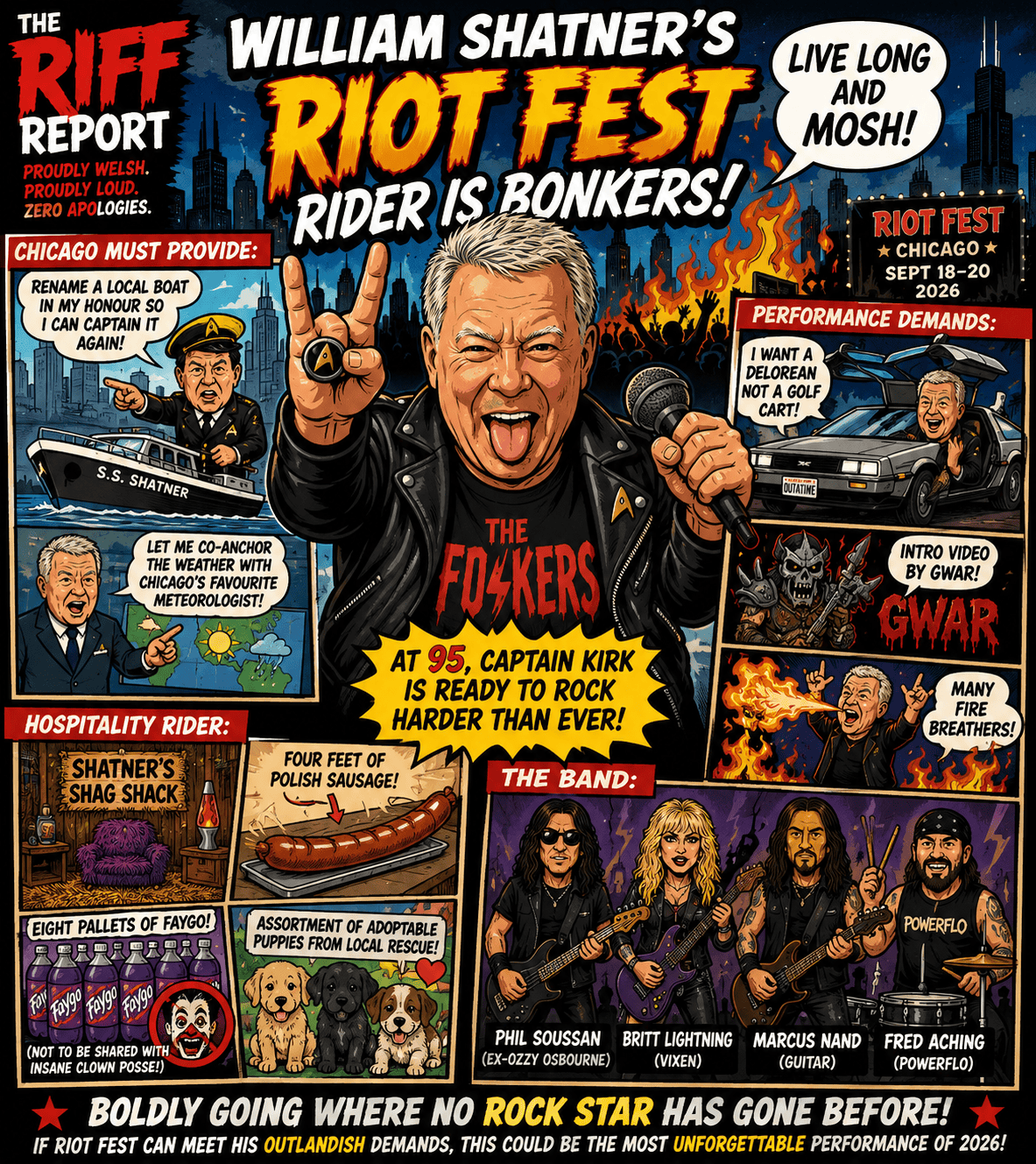 Colorful comic-style poster announcing William Shatner's Riot Fest with a central figure shouting into a microphone and flames in the background, bold title at top.