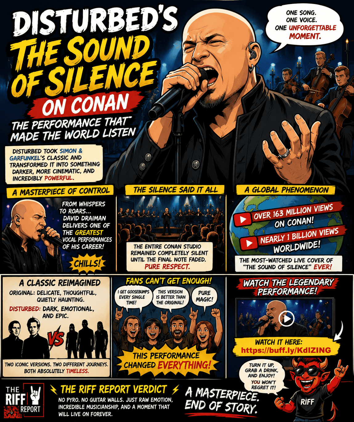 Promotional poster for The Riff Report's performance on Conan with music and audience.