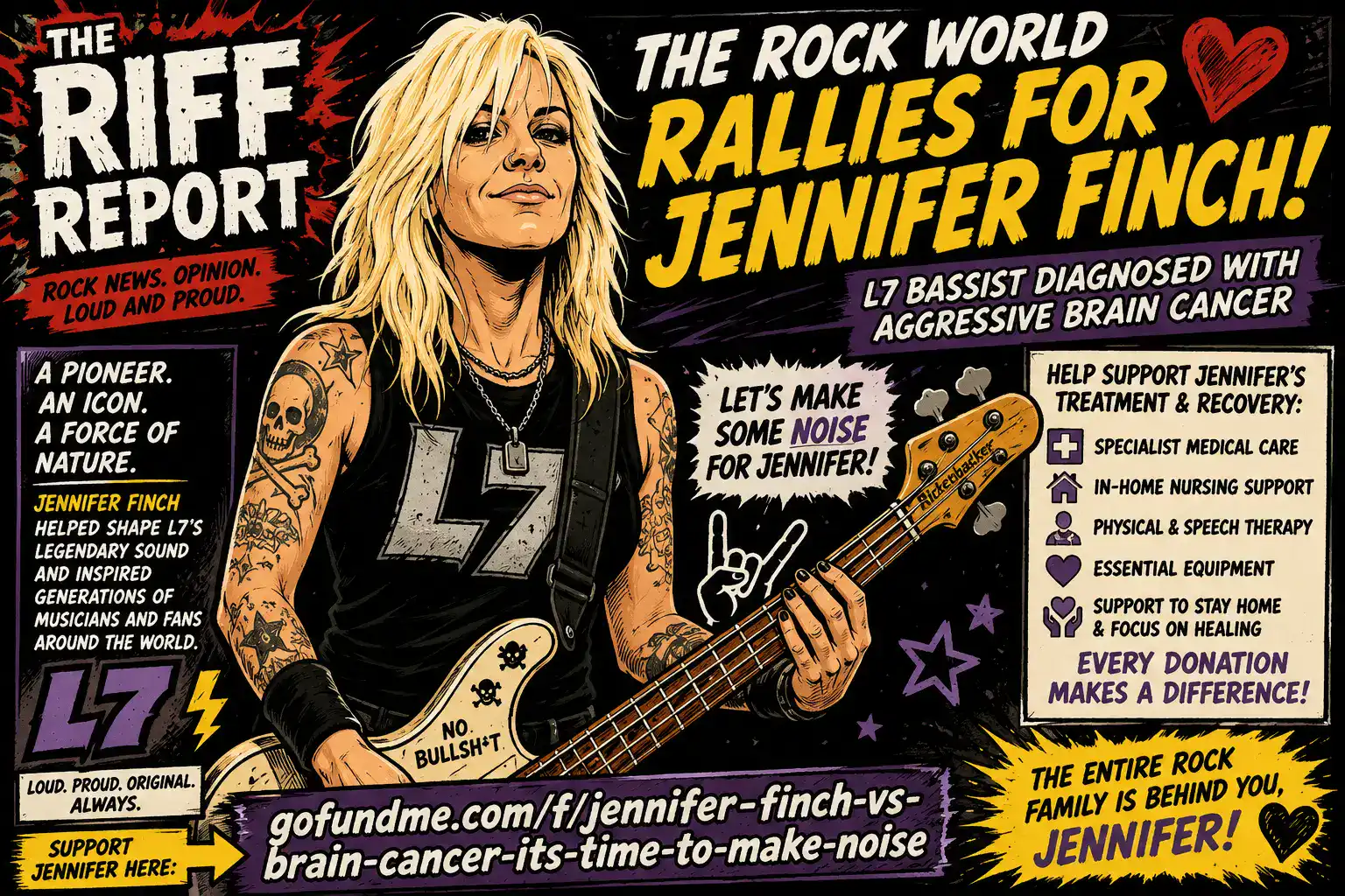 Comic-style poster promoting Jennifer Finch’s brain cancer fundraiser, featuring a blonde rocker with a bass and bold headlines about the rally and treatment support.