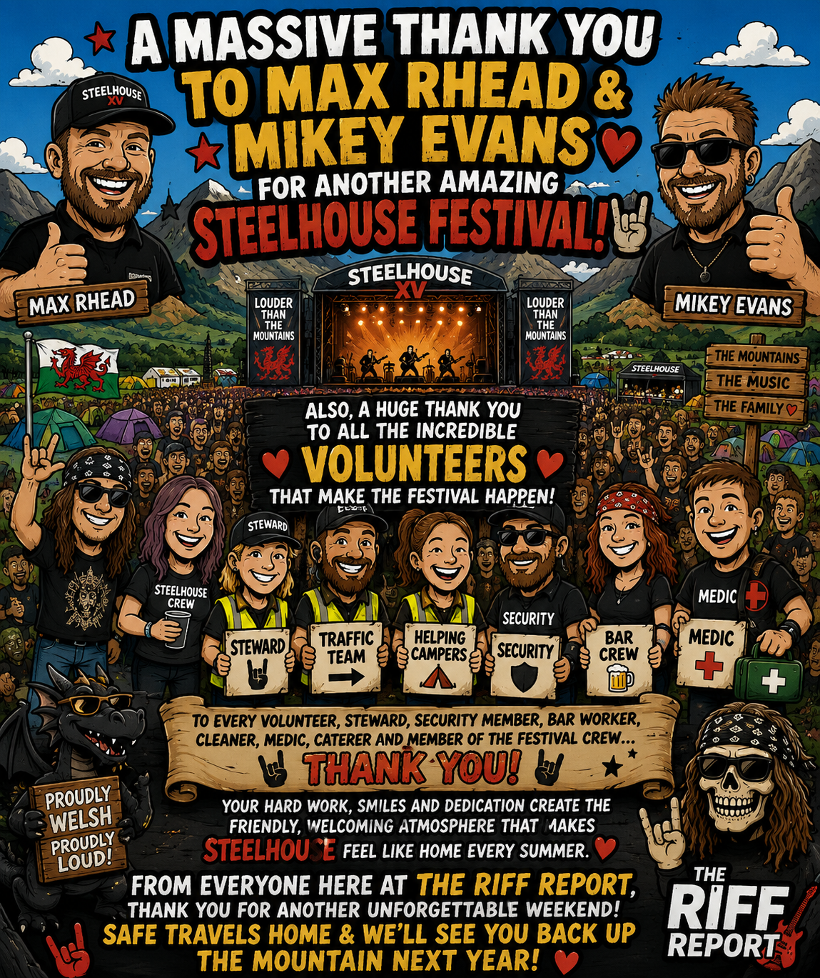 Bright illustrated festival poster thanking Max Rhead, Mikey Evans, and volunteers at the Steelhouse Festival with a cheering crowd and stage scene.