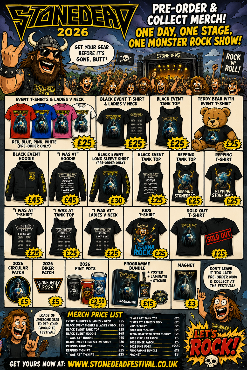 7d8680fb-535e-4605-9f72-0eaee7ecc6ef - the Riff Report Blog Colorful Stone Dead 2026 merch poster with a cheering crowd and stage; grid shows Tβshirts, hoodies, tops, and a teddy bear, with prices from Β£25βΒ£45.
