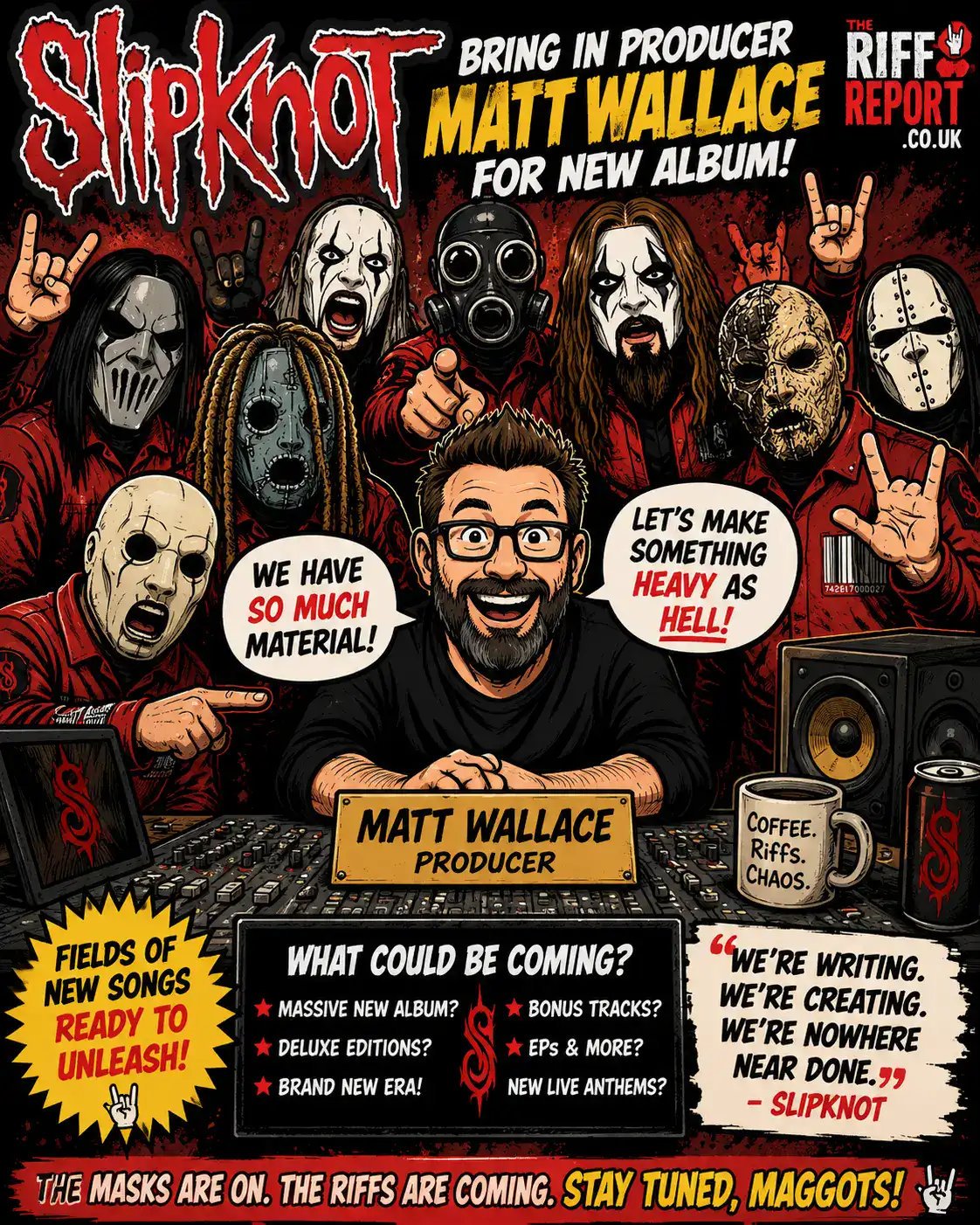 Slipknot band members with producer Matt Wallace in a promotional image.