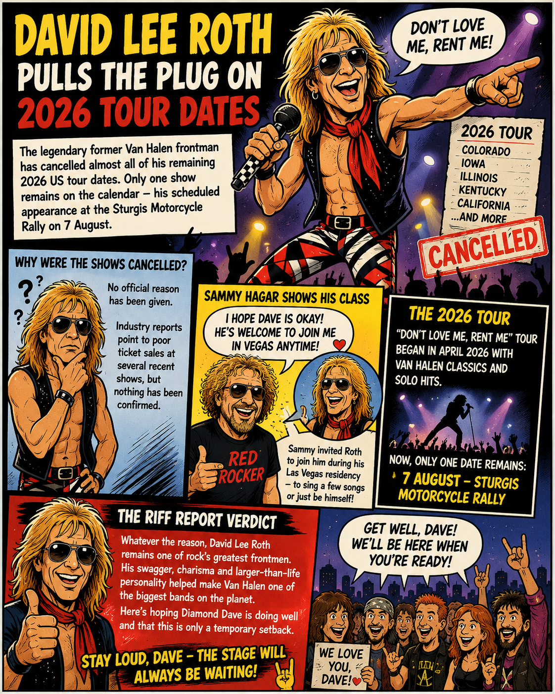 Comic-style poster announcing David Lee Roth cancels 2026 tour dates, with a 'CANCELLED' stamp and Roth on stage pointing to the crowd.