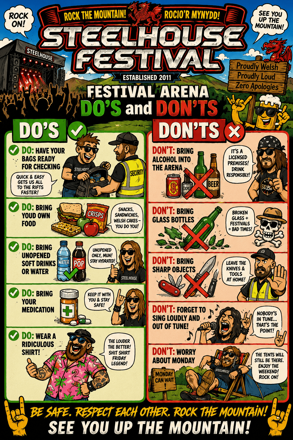 Infographic poster with Do's and Don'ts for a rock festival, showing safety tips and imagery of crowd, stage, and warnings at Steelhouse Festival Arena (informative).