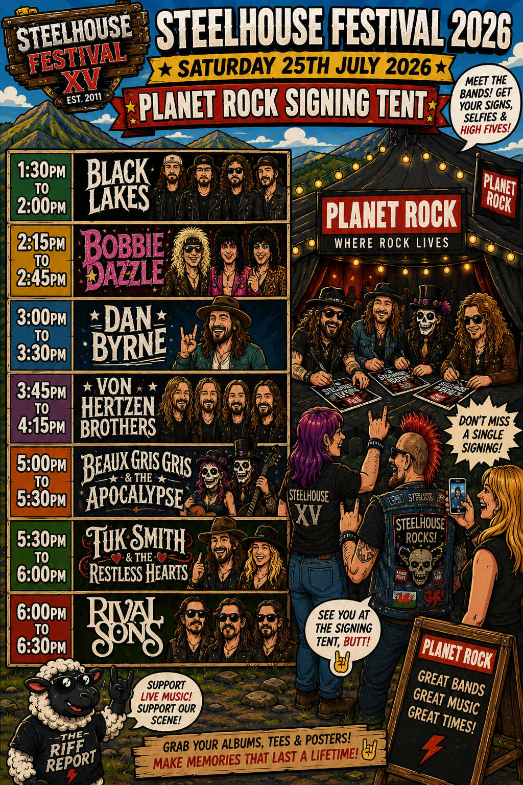 Colorful Steelhouse Festival poster with schedule panels listing bands and times, outdoor stage, and crowd artwork in the background.