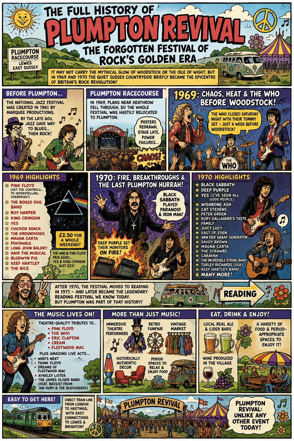 Comic-style infographic poster titled 'The Full History of Plumpton Revival' tracing the festival from 1960s jazz/rock to 1970s highlights, with panels showing bands (The Who, Pink Floyd, Black Sabbath), stages, crowds, campers, and a reading area.