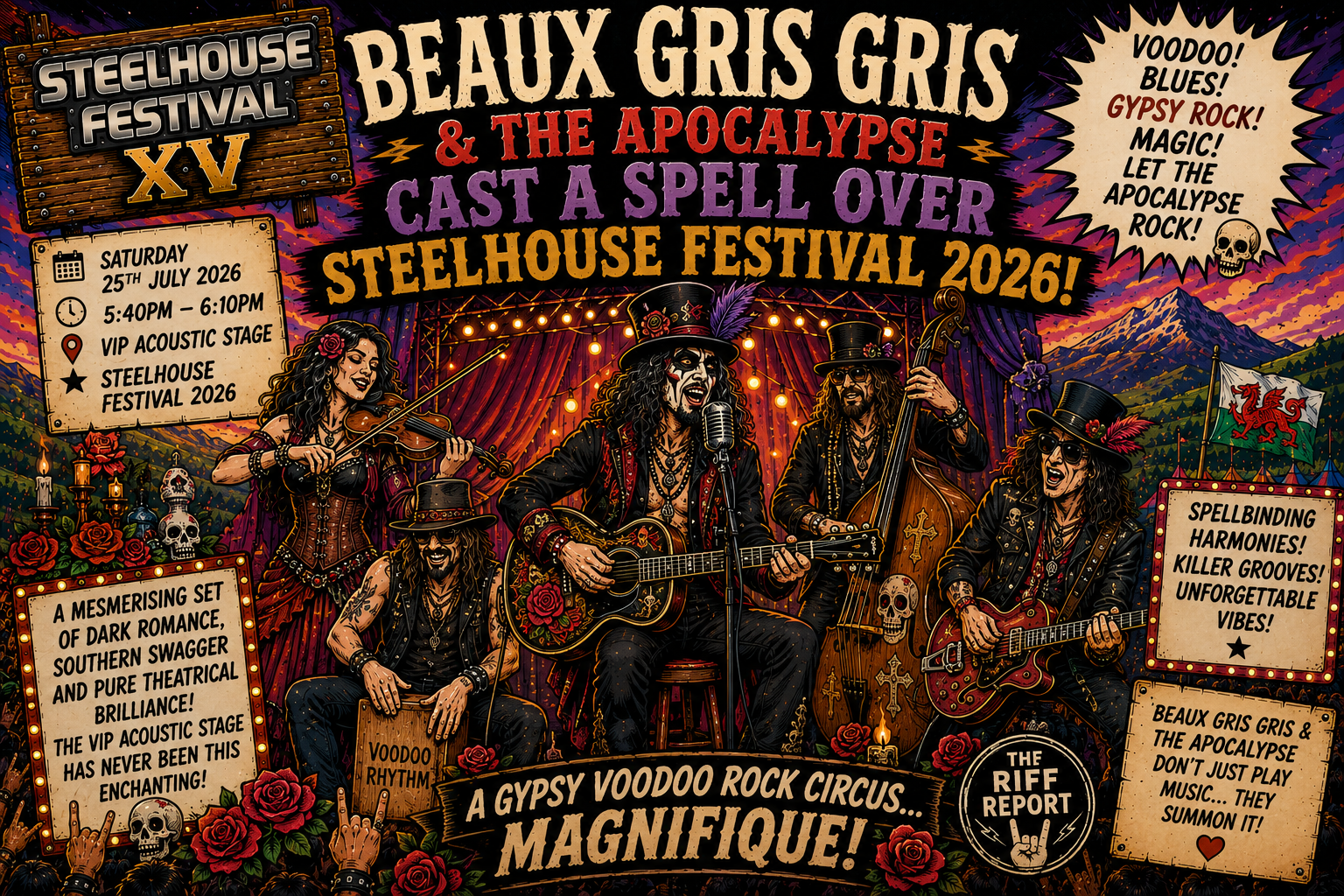 Poster-style concert image for Steelhouse Festival 2026 featuring Beaux Gris Gris & The Apocalypse on stage with gypsy rock band members and ornate decorations in purple, red, and gold. Includes festival details and slogans as decorative banners.