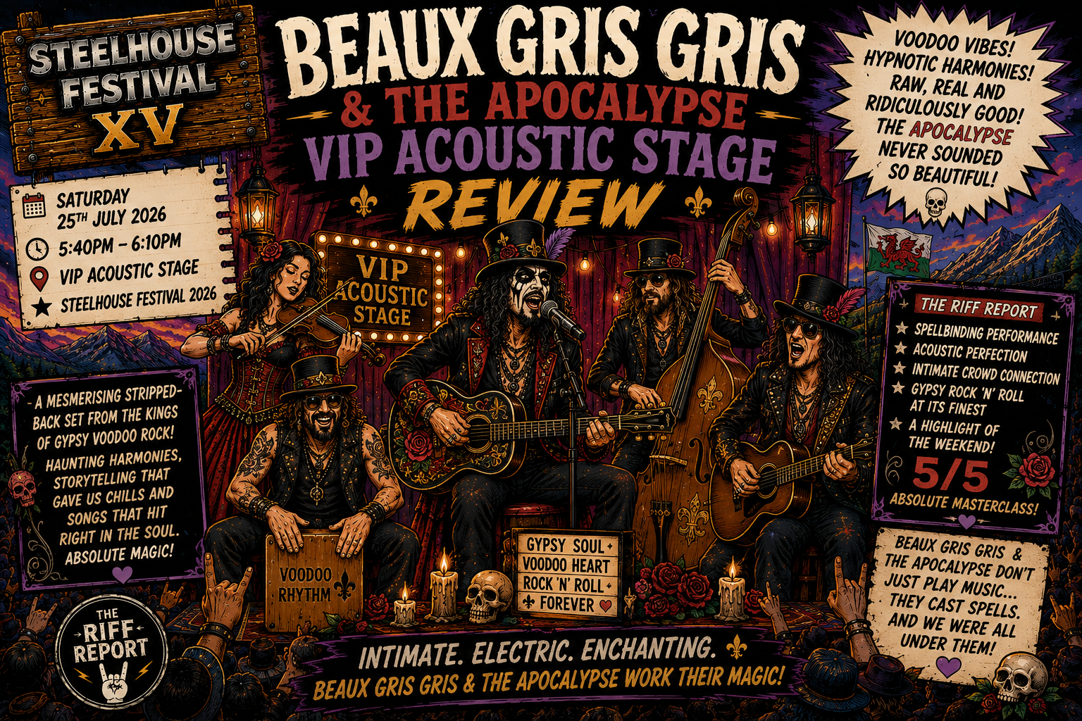 Colorful festival poster advertising Steelhouse Festival XV with Beaux Gris Gris & The Apocalypse on the VIP Acoustic Stage and a bold 'Review' headline.
