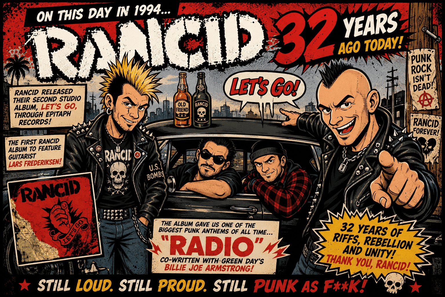 Rancid band members celebrating 32 years of punk rock history.