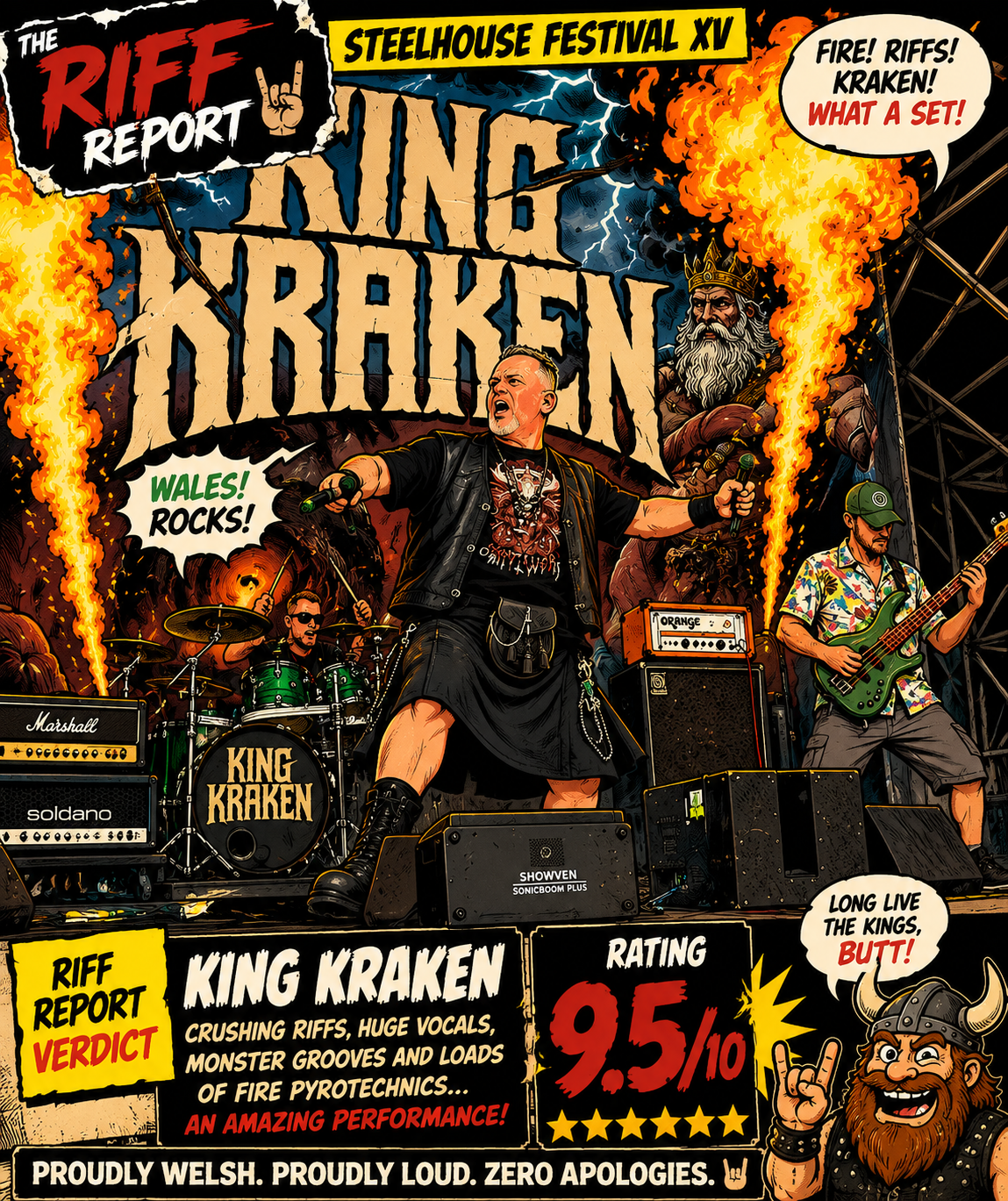 Concert poster-style illustration of a rock band performing on stage amid flames, with 'KING KRAKEN' lettering and festival branding in the background.