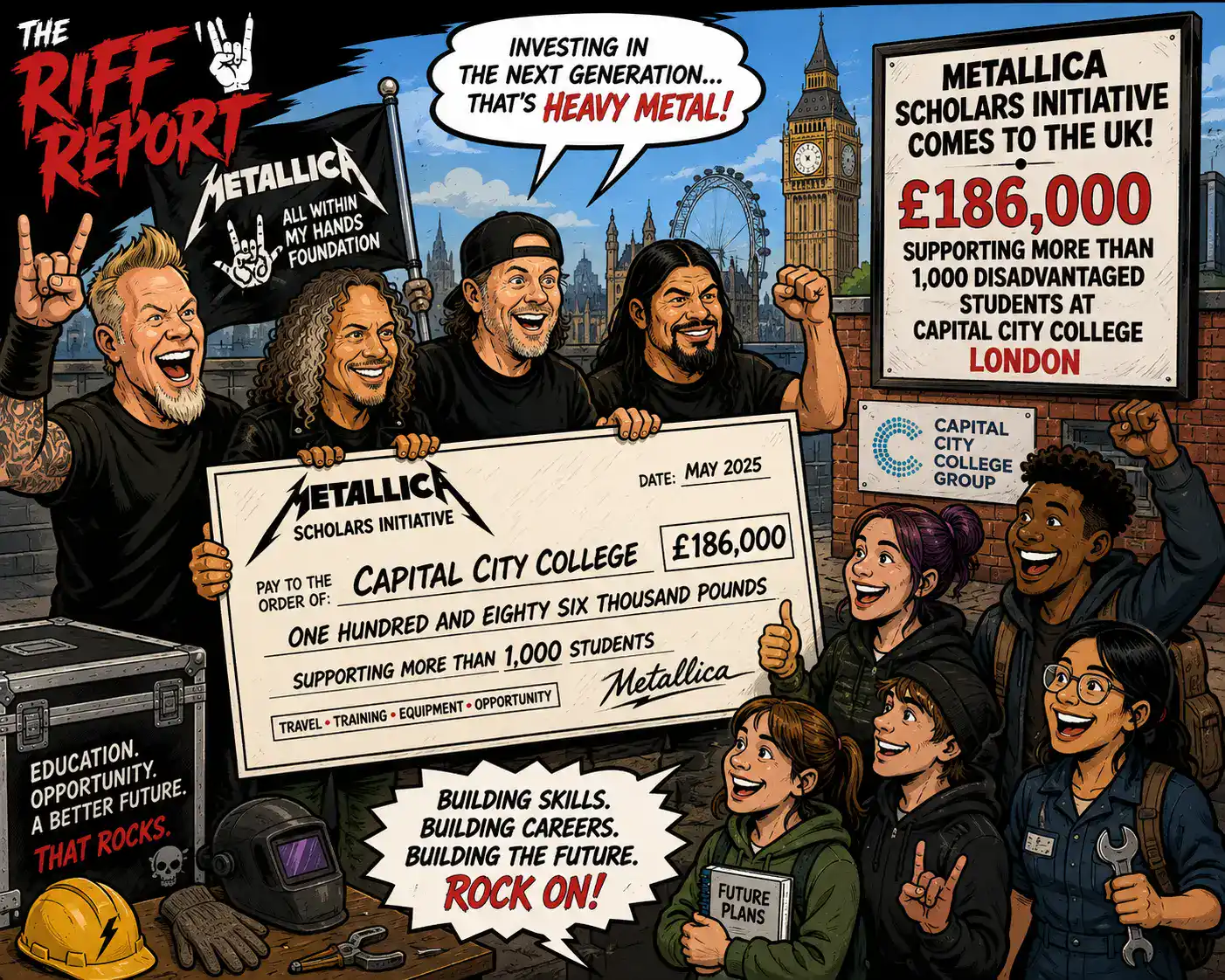 Metallica supports UK students with ÂŁ186,000 scholarship fund in London.