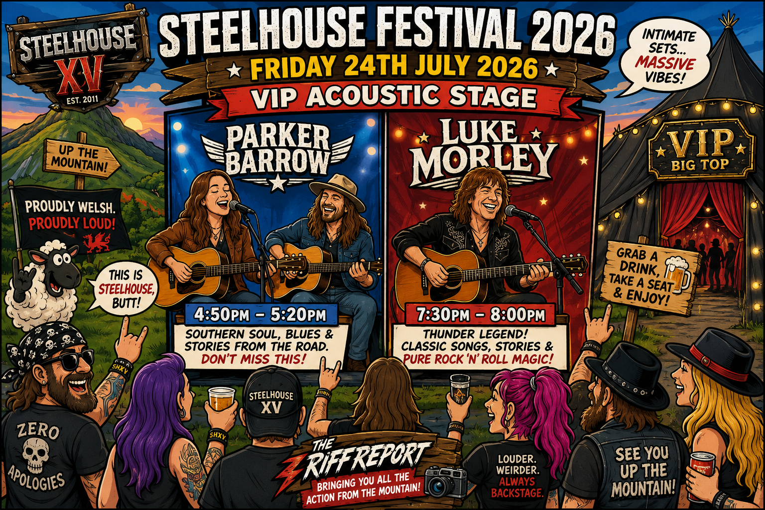 Illustrated poster for Steelhouse Festival 2026 showing VIP Acoustic Stage with Parker Barrow and Luke Morley performing on stage and a cheering crowd in front.