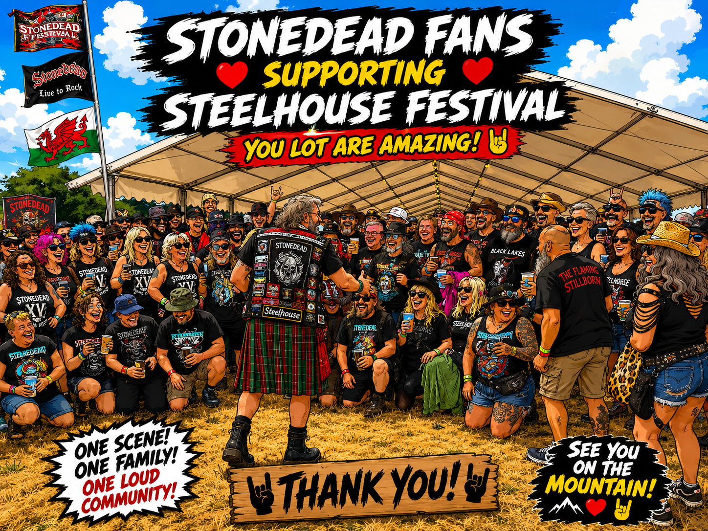 Large crowd of StoneDead fans at a Steelhouse Festival under a bold banner reading 'StoneDead Fans Supporting Steelhouse Festival' and 'You lot are amazing!'