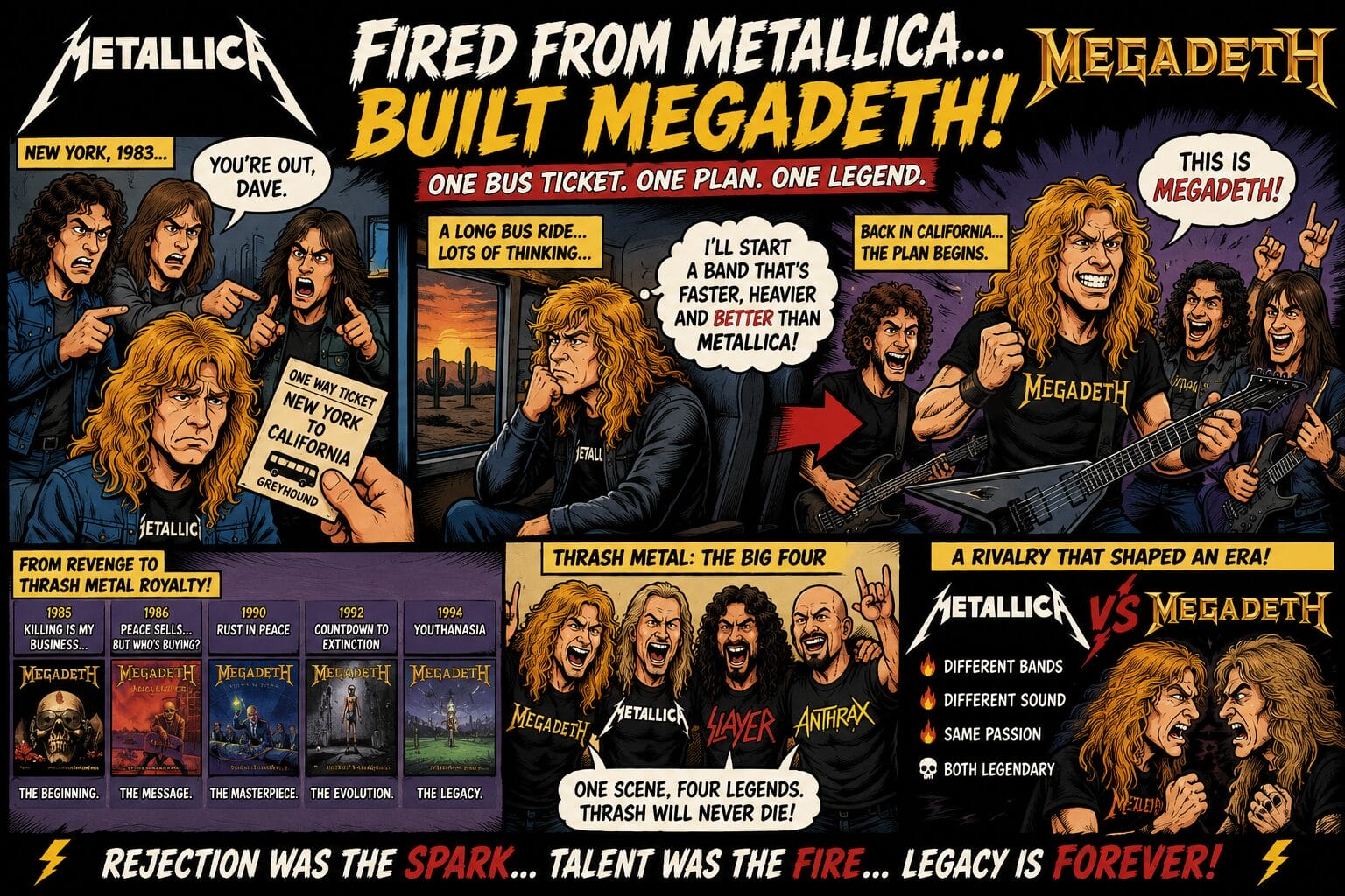 Comic-style poster about Metallica vs Megadeth rivalry featuring cartoon band members and rivalry captions.