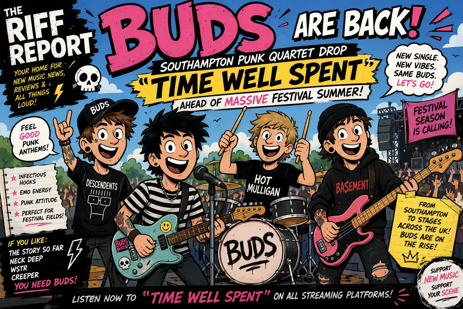 Cartoon band performing on a festival stage with a large pink 'BUDS' headline and a yellow 'TIME WELL SPENT' banner.