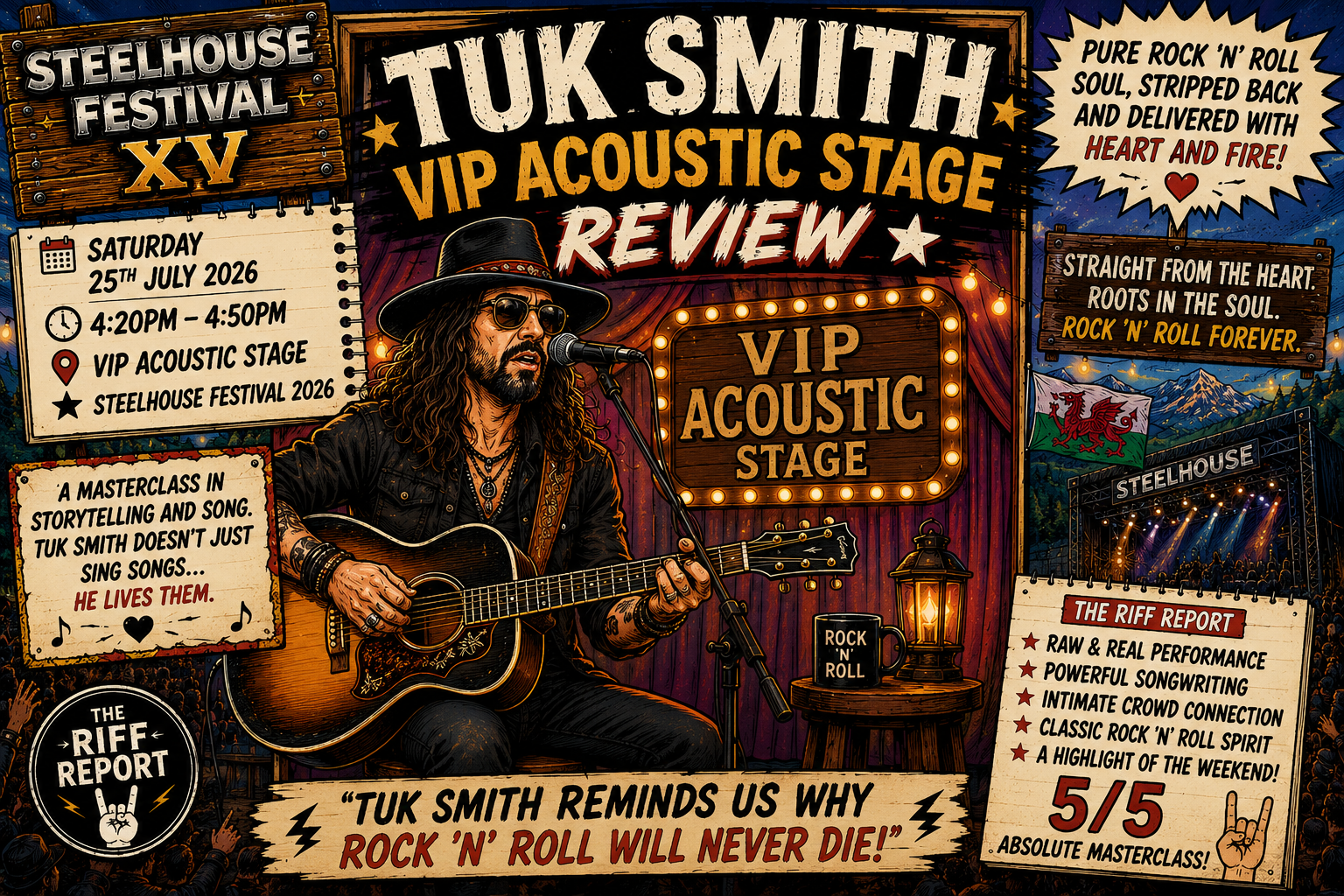 Colorful festival poster showing Tuk Smith with guitar on a lit stage, promoting VIP Acoustic Stage at Steelhouse Festival 2026 with schedule and signage nearby.