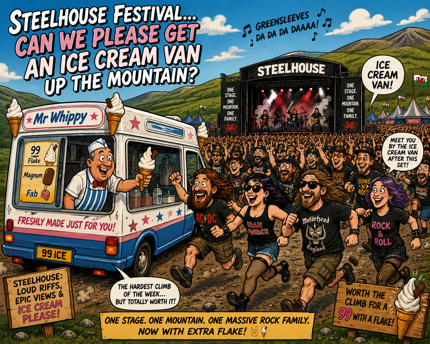 Cartoon rock festival scene: a Mr Whippy ice-cream van hands out cones as a cheering crowd runs toward the steelhouse stage; band-tee wearers like Motörhead and Iron Maiden are visible.