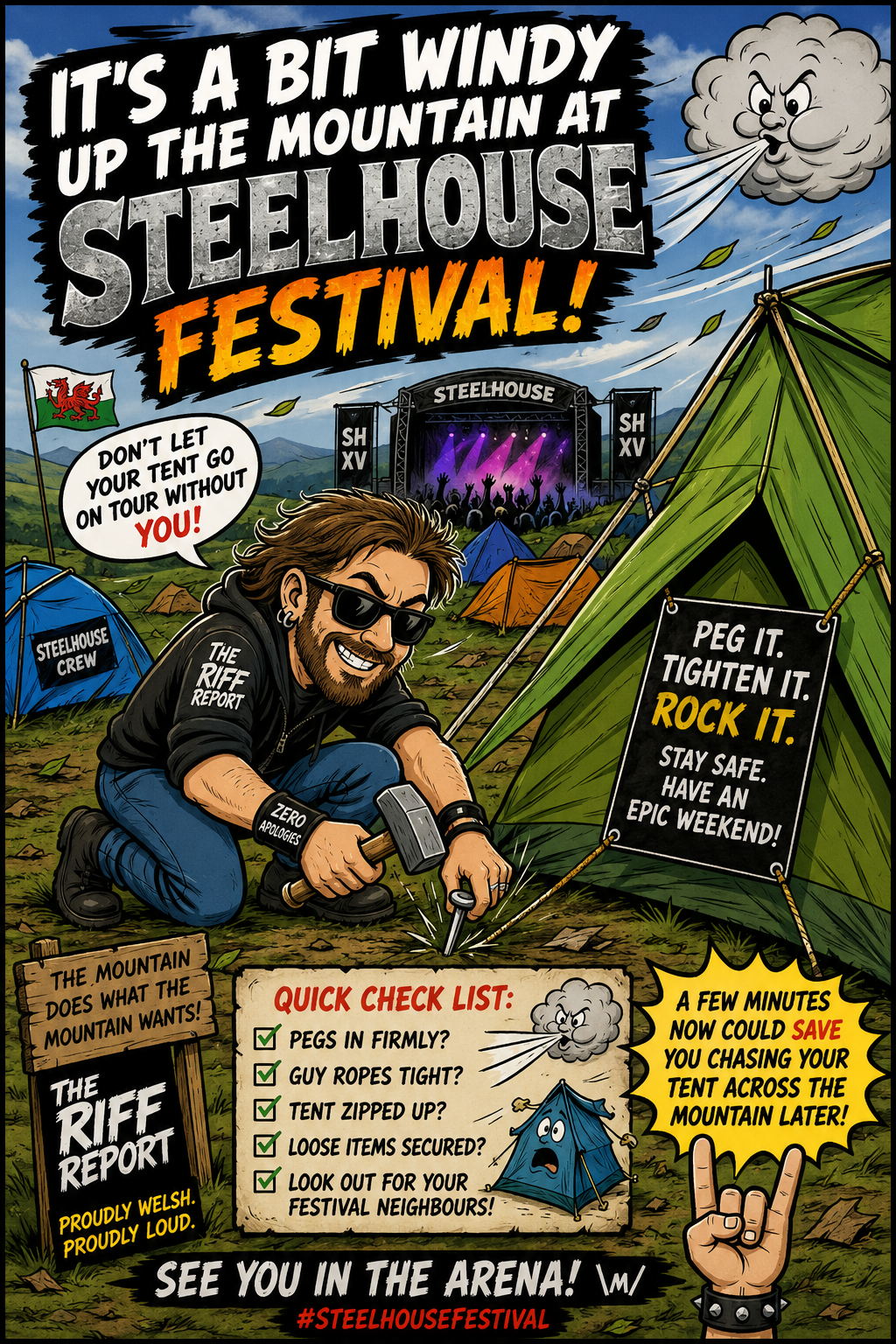 Festival poster for Steelhouse Festival: bold text at top, crowd on stage, colorful tents, and a rugged guitarist kneeling with a hammer near a sign about tents and safety; conveys adventurous concert atmosphere and camping theme.