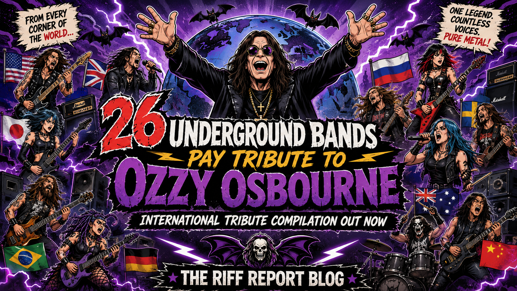 Colorful concert poster featuring Ozzy Osbourne tribute with multiple rocker musicians and flags around a purple backdrop.