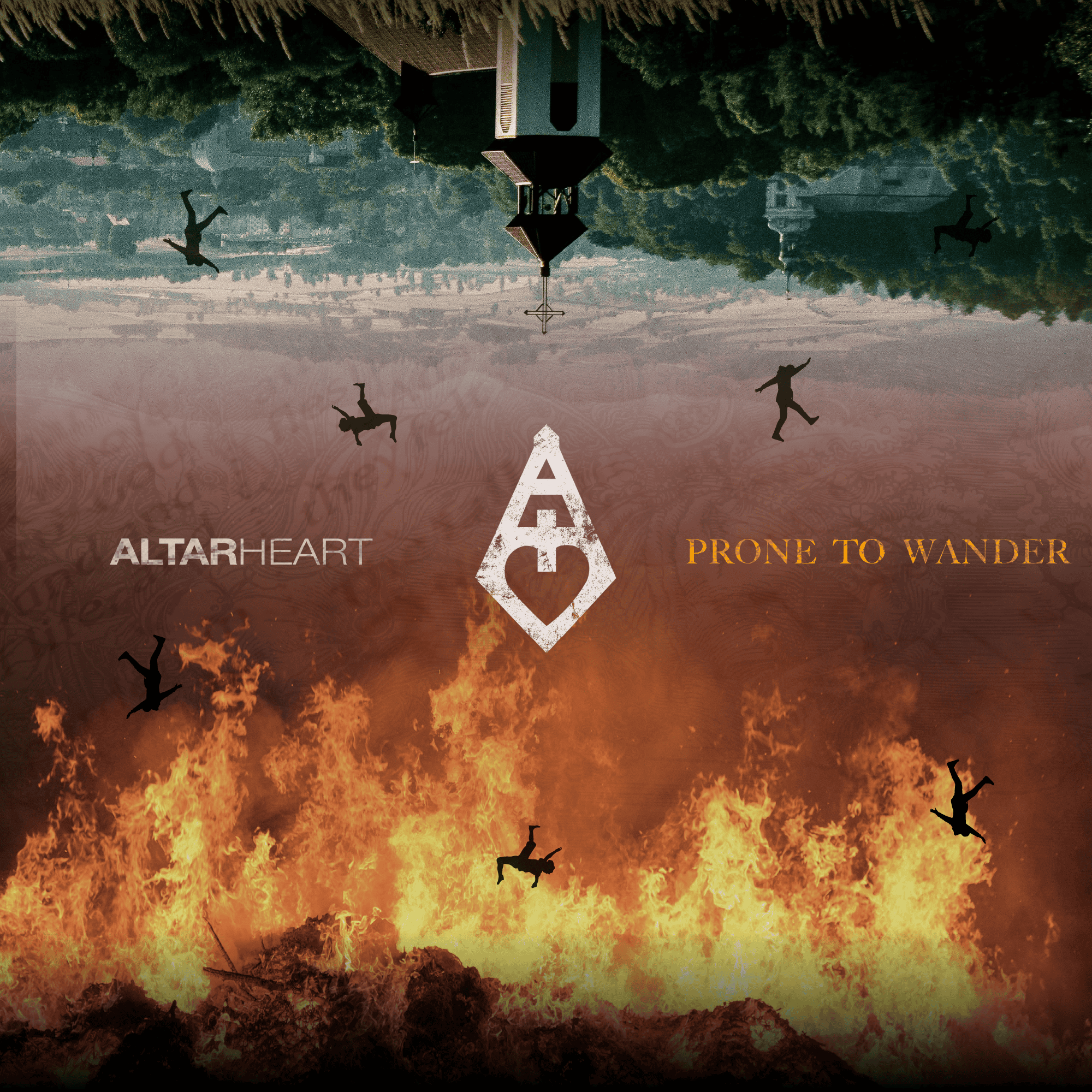 Silhouettes of people jumping or falling across a fiery, smoke-filled landscape with a central white diamond-shaped 'A' logo.